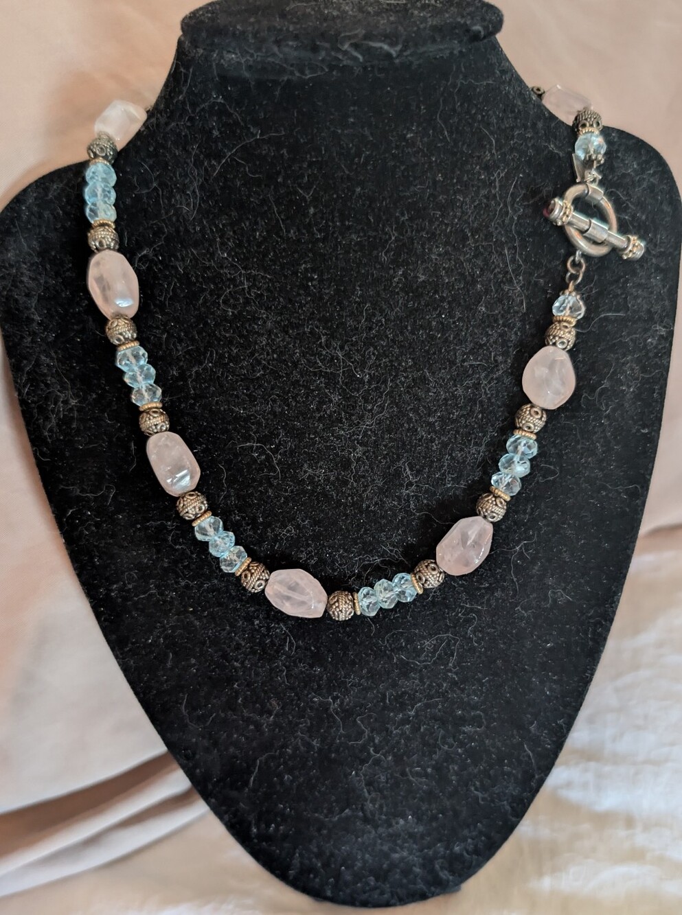 925 Silver, Rose Quartz and Aquamarine Colored Crystal Beaded Necklace